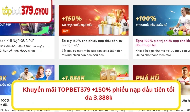 Khuyến mãi TOPBET379 +150% phiếu nạp đầu tiên tối đa 3.388k