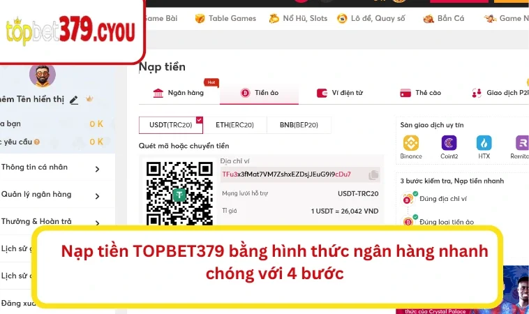 Nạp tiền TOPBET379 bằng hình thức ngân hàng nhanh chóng với 4 bước